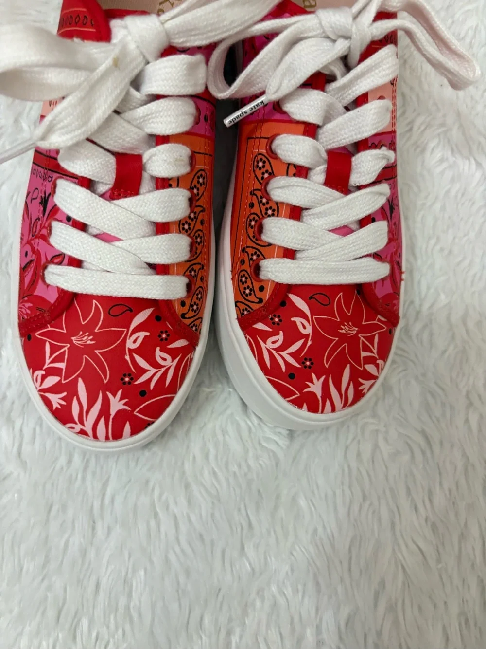 Kate Spade New York Serve Bandana Patchwork Platform Red-Pink Sneakers Size 7.5B
